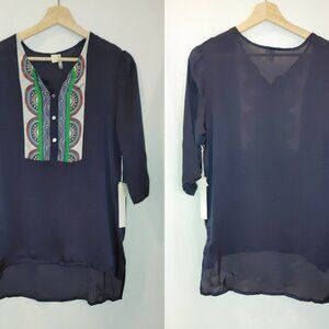 Line & Dot Popover Tunic Blouse Silk‎ Medallion M Navy Elbow Sleeve Green Orange